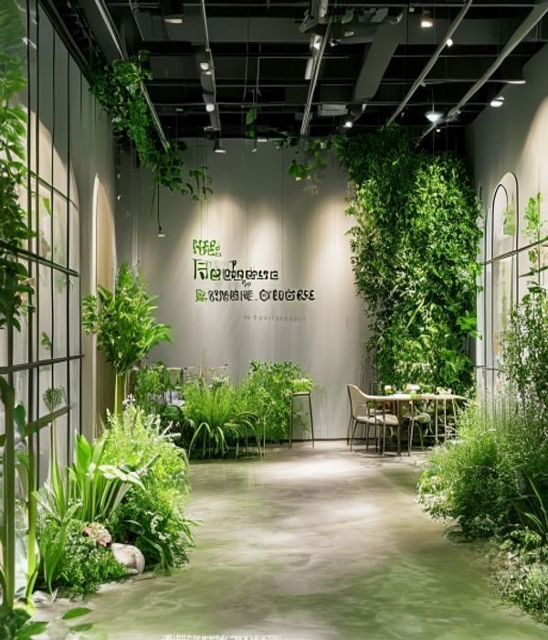 含羞草在线品牌展示区，墙面陈列着品牌发展历程与核心价值观，绿植点缀其间，展现出清新自然的企业文化氛围