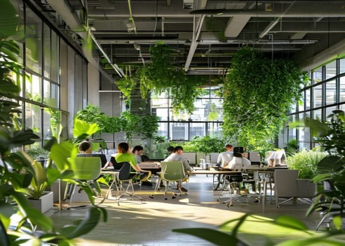 含羞草在线团队在现代化办公室内协作办公，绿植环绕、阳光充足，体现品牌清新自然的服务理念与专业氛围