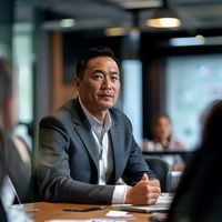 张维，含羞草在线创始人兼CEO，在会议室主持战略讨论，神情专注而自信，展现出卓越的领导力与行业洞察力