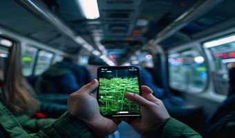 通勤途中用户手持手机访问含羞草在线手机版，地铁车厢内5G网络极速加载，内容清晰流畅